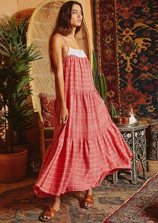 Red & Cream Lace Front Ladies Contrast Detail Tiered Maxi Sun Dress with Spaghetti straps and Side Pockets | Bucket List Style# D4010 | Made in USA