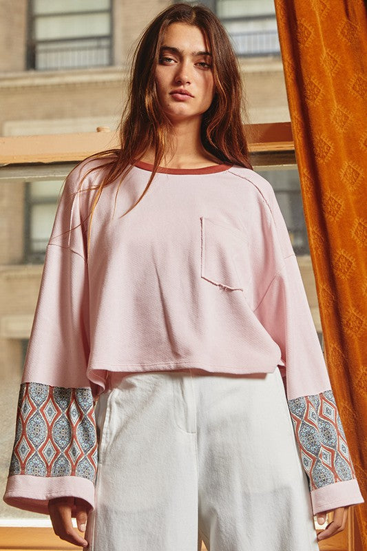 Bucket List Style# T1807 | Ladies French Terry Pink Loose Fit Cropped Top with Color Block Patterned Long Bell Sleeves | Made in USA 