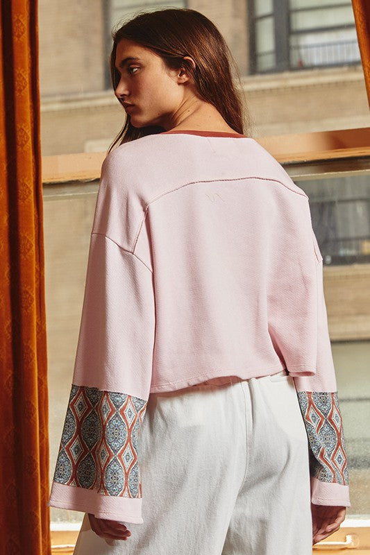 Bucket List Style# T1807 | Ladies French Terry Pink Loose Fit Cropped Top with Color Block Patterned Long Bell Sleeves | Made in USA 