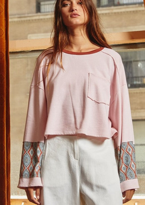 Bucket List Style# T1807 | Ladies French Terry Pink Loose Fit Cropped Top with Color Block Patterned Long Bell Sleeves | Made in USA 