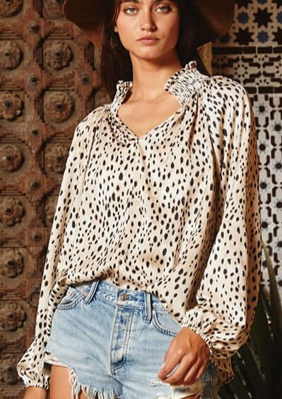 Made in USA | Ladies Smocked Collar Animal Print Satin Dressy Blouse | Brand: Bucket List | Style # T1048 | Classy Cozy Cool Women’s Clothing Boutique