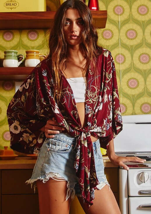 Bucket List Brand Burgundy Floral Bohemian Inspired Tie Front Draped Silhouette Kimono  | Style # T1362 | Made in USA | Classy Cozy Cool Women’s Clothing Boutique