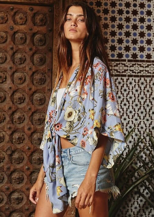 Bucket List Brand Indigo Blue with Floral Print Bohemian Inspired Tie Front Draped Silhouette Kimono  | Style # T1362 | Made in USA | Made in America Women's Boutique