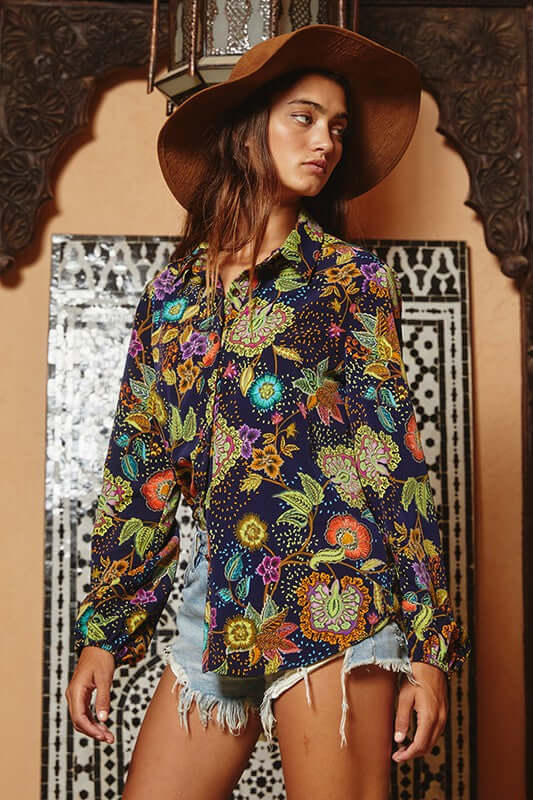 Made in USA | Brand: Bucket List | Colorful Ethnic Floral Print Button Down Women's Blouse | Style # T1540 | Classy Cozy Cool Women’s Clothing Boutique