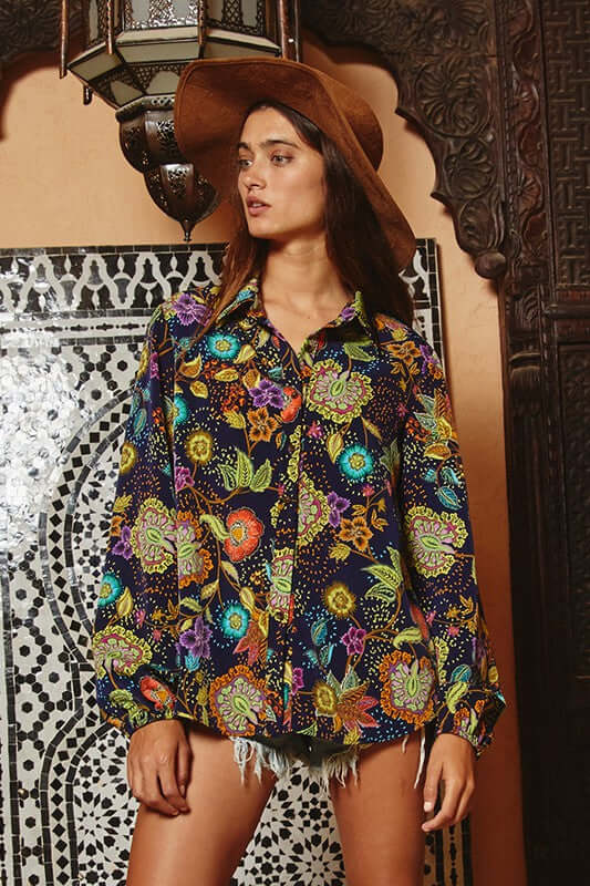 Made in USA | Brand: Bucket List | Colorful Ethnic Floral Print Button Down Women's Blouse | Style # T1540 | Classy Cozy Cool Women’s Clothing Boutique