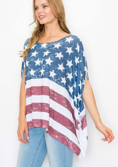 USA Made Ladies American Flag Print Oversized Dolman Top Perfect for 4th of July & will fit Plus Size | Classy Cozy Cool Women's Made in America Boutique