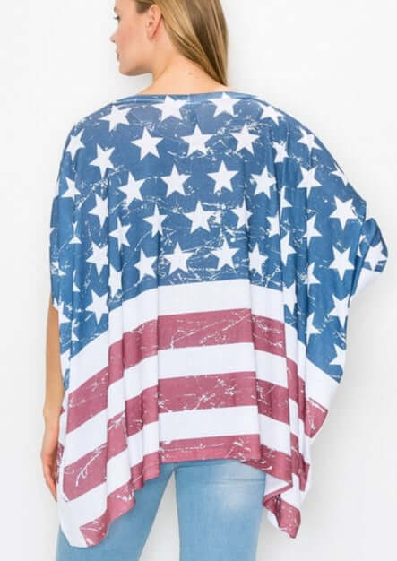 USA Made Ladies American Flag Print Oversized Dolman Top Perfect for 4th of July & will fit Plus Size | Classy Cozy Cool Women's Made in America Boutique