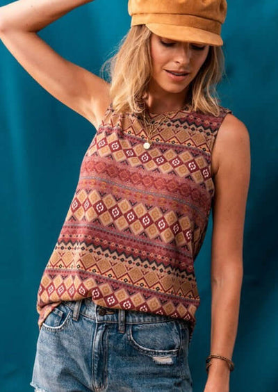 Made in USA Super Soft Ladies Burgundy Print High Neck Sleeveless Tank Top -Longer Length  | Classy Cozy Cool Made in America Boutique