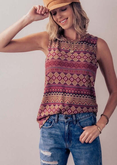 Made in USA Super Soft Ladies Burgundy Print High Neck Sleeveless Tank Top -Longer Length  | Classy Cozy Cool Made in America Boutique