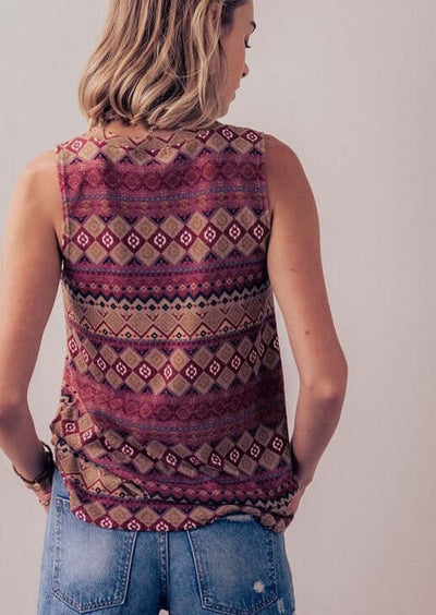 Made in USA Super Soft Ladies Burgundy Print High Neck Sleeveless Tank Top -Longer Length  | Classy Cozy Cool Made in America Boutique