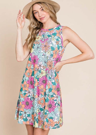 Ladies Vibrant Floral Sleeveless Round Neck Mini Dress with Pink, Yellow & Orange | Made in USA | Classy Cozy Cool Women's Made in America Boutique