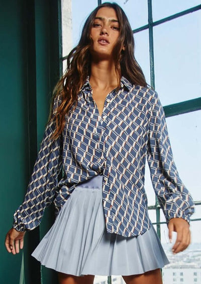 Brand: Bucket List | French Blue, White & Rust Geometric Design Dressy Button Down Blouse | Style # T1540 | Classy Cozy Cool Made in America Boutique