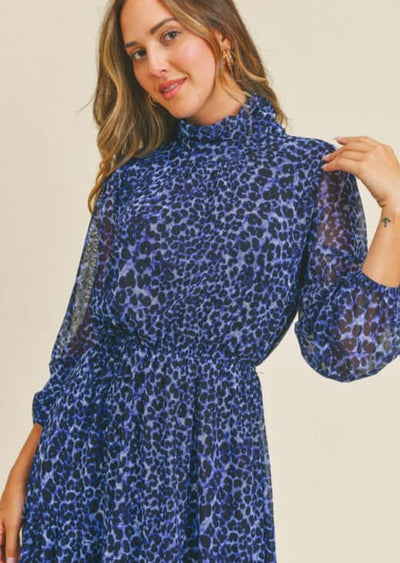 Brand: If She Loves | Ladies Long Sleeve Blue Animal Print Mesh Midi Dress | Style ISD1241 | Made in USA | Classy Cozy Cool Women's Clothing Boutique