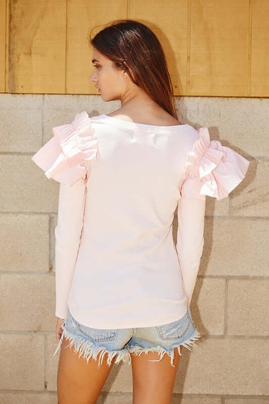 Pale Pink Bucket List Ladies Long Sleeve Cotton Ribbed V-Neck Fitted Top with Shoulder Ruffle Fitted Top | Style T1838 | Made in USA | Women's American Boutique
