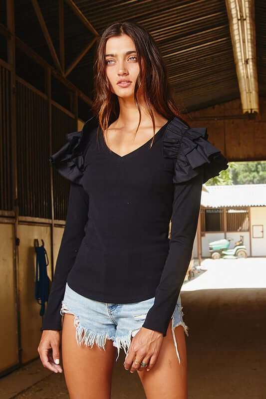 Bucket List Ladies Long Sleeve Black Cotton Ribbed V-Neck Fitted Top with Shoulder Ruffle Fitted Top | Style T1838 | Made in USA | Women's American Boutique