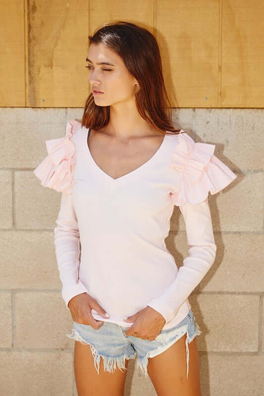 Pale Pink Bucket List Ladies Long Sleeve Cotton Ribbed V-Neck Fitted Top with Shoulder Ruffle Fitted Top | Style T1838 | Made in USA | Women's American Boutique