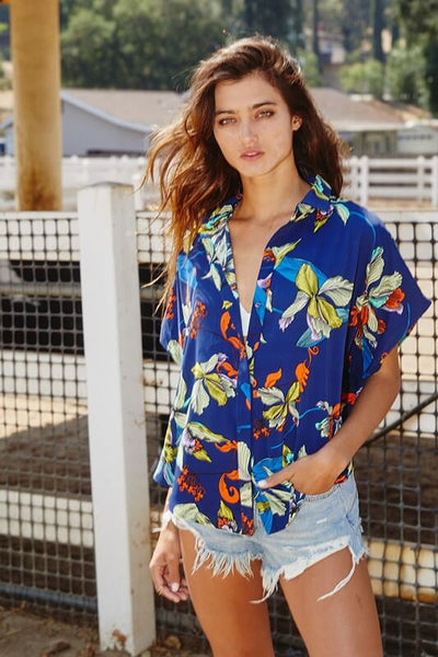 Bucket List Style T1702 Ladies Button Down Hidden Placket High Low Top in Royal Blue Tropical Print | Made in USA | Women's Clothing Made in America