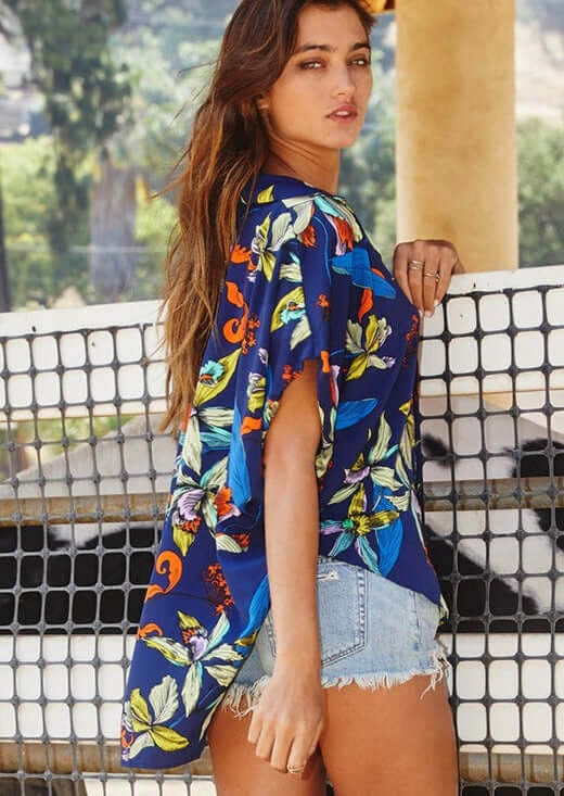 Bucket List Style T1702 Ladies Button Down Hidden Placket High Low Top in Royal Blue Tropical Print | Made in USA | Women's Clothing Made in America