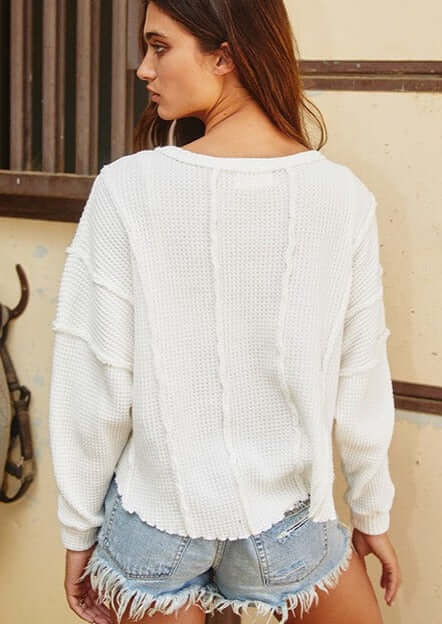 Bucket List Style T1675 | USA Made Ladies Raw Edge Detail White Cotton Knit Waffle Top | Classy Cozy Cool Women's American Boutique