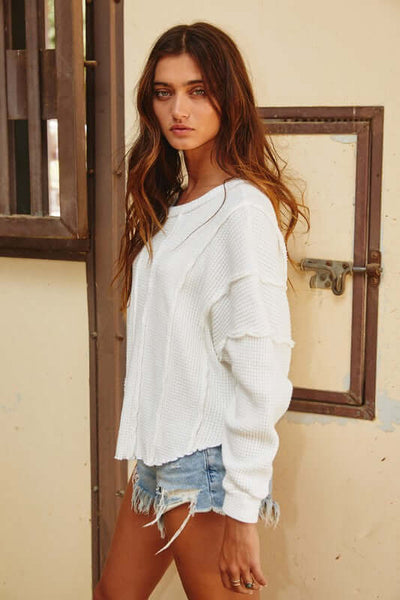 Bucket List Style T1675 | USA Made Ladies Raw Edge Detail White Cotton Knit Waffle Top | Classy Cozy Cool Women's American Boutique