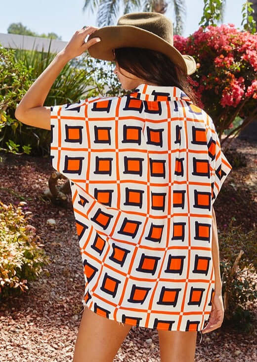 Bucket List Style T1702 Ladies Button Down Hidden Placket High Low Top in Navy, Orange & White Geo Print | Made in USA | Women's Clothing Made in America
