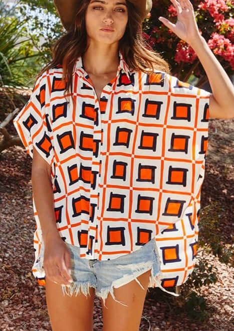 Bucket List Style T1702 Ladies Button Down Hidden Placket High Low Top in Navy, Orange & White Geo Print | Made in USA | Women's Clothing Made in America