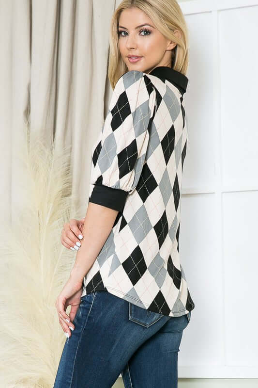 Orange Farm Clothing's Ladies Argyle Print Soft Knit Jersey Top with Short Puff Sleeves in Off White, Grey and Black | Made in USA | Classy Cozy Cool