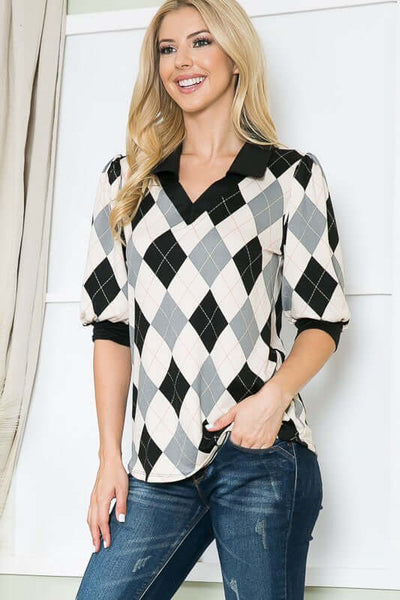 Orange Farm Clothing's Ladies Argyle Print Soft Knit Jersey Top with Short Puff Sleeves in Off White, Grey and Black | Made in USA | Classy Cozy Cool