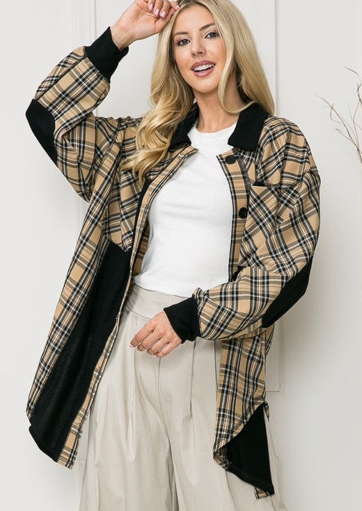 Ladies Plaid Print Lightweight Soft Brushed Button Down Shirt Jacket with Color Block Detail in Made in USA | Women's Made in America Clothing