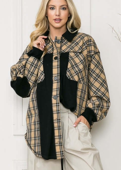 Ladies Plaid Print Lightweight Soft Brushed Button Down Shirt Jacket with Color Block Detail in Made in USA | Women's Made in America Clothing