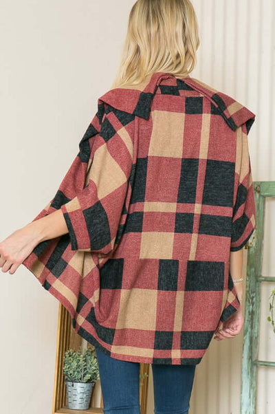 Ladies Plaid Design High Low Dolman Sleeve Cardigan Shawl Top in Brick Red, Tan & Black | Made in USA | Classy Cozy Cool Women's American Boutique