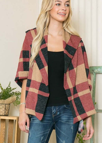 Ladies Plaid Design High Low Dolman Sleeve Cardigan Shawl Top in Brick Red, Tan & Black | Made in USA | Classy Cozy Cool Women's American Boutique