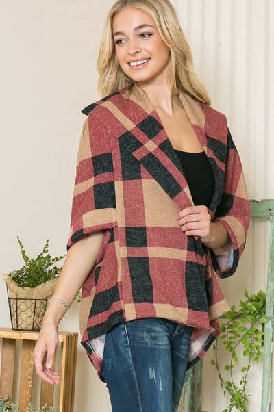 Ladies Plaid Design High Low Dolman Sleeve Cardigan Shawl Top in Brick Red, Tan & Black | Made in USA | Classy Cozy Cool Women's American Boutique