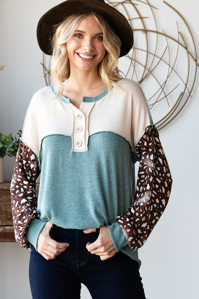 USA Made Ladies Longer Length Lightweight Teal Color Block Soft Knit Raglan Top with Animal Printed Sleeves & Reverse Stitch Detail | Made in America Boutique