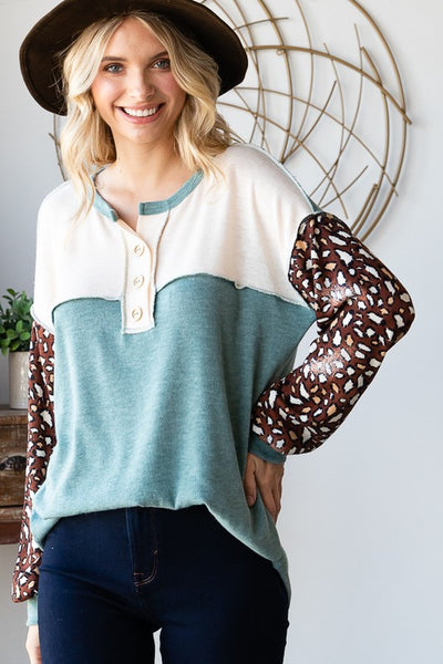 USA Made Ladies Longer Length Lightweight Teal Color Block Soft Knit Raglan Top with Animal Printed Sleeves & Reverse Stitch Detail | Made in America Boutique
