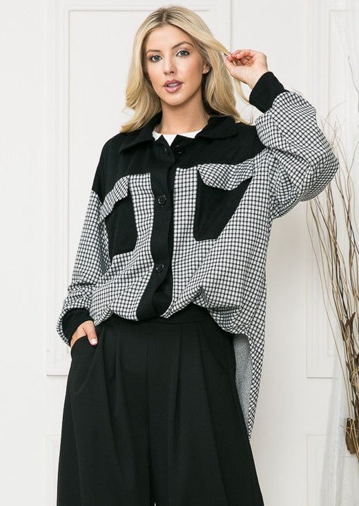 USA Made Ladies Black & White Checkered Print Button Down Shirt Jacket with Color Block Detail | Perfect Shacket for Layering | Women's Made in America Clothing