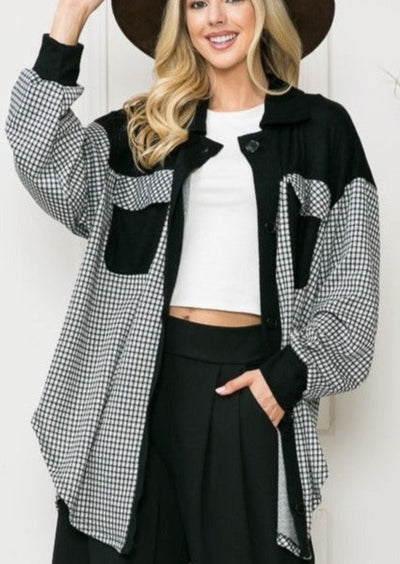 USA Made Ladies Black & White Checkered Print Button Down Shirt Jacket with Color Block Detail | Perfect Shacket for Layering | Women's Made in America Clothing