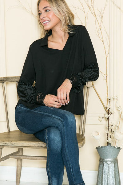 USA Made Ladies Black V-Neck Loose Fit Collared Blouse with Pleated Sleeves & Lace Cuffs | Classy Cozy Cool Women's American Made Boutique