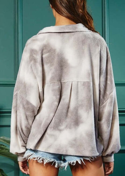 Brand: Bucket List | Ladies Gray & White Soft Brushed Tie Dye Shacket with Oversized Front Utility Pockets | Style# T1220 | Made in USA