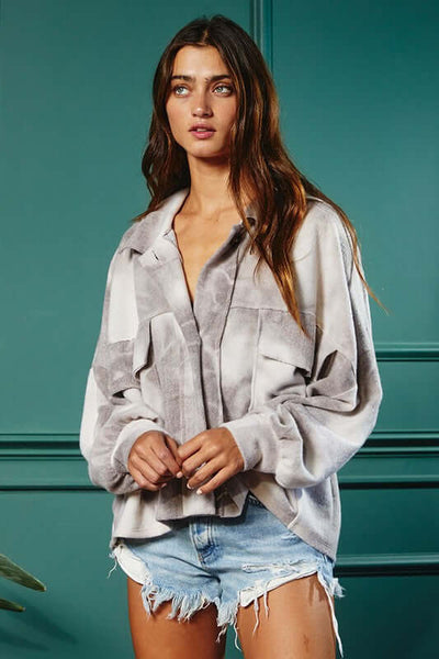 Brand: Bucket List | Ladies Gray & White Soft Brushed Tie Dye Shacket with Oversized Front Utility Pockets | Style# T1220 | Made in USA