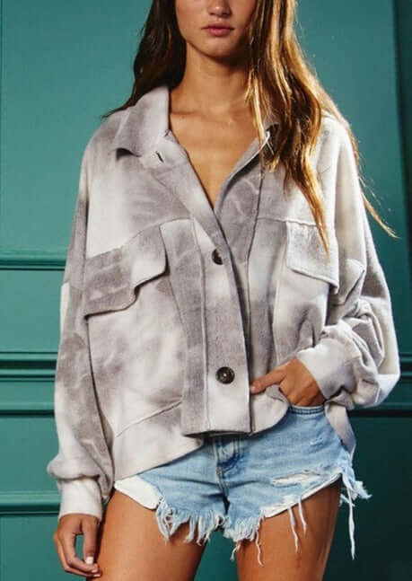 Brand: Bucket List | Ladies Gray & White Soft Brushed Tie Dye Shacket with Oversized Front Utility Pockets | Style# T1220 | Made in USA