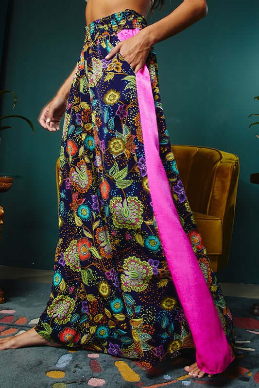 Bucket List Smocked Waist Palazzo Pants with Ethnic Print and Hot Pink Stripe P5016 | Made in the USA | Classy Cozy Cool Women's American Boutique