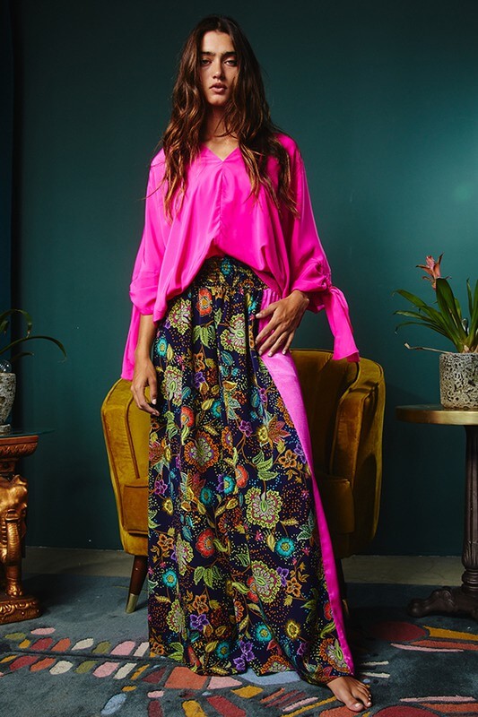 Bucket List Smocked Waist Palazzo Pants with Ethnic Print and Hot Pink Stripe P5016 | Made in the USA | Classy Cozy Cool Women's American Boutique