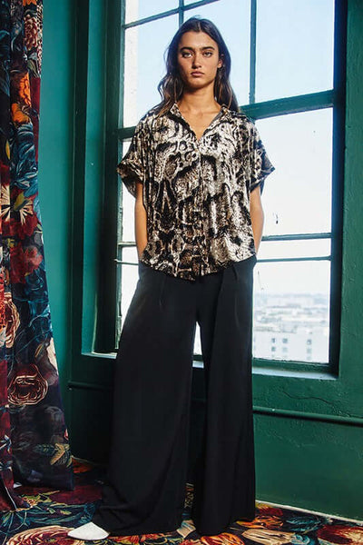 Bucket List Ladies Leopard Print Velvet Oversized Button Up High Low Top | Made in USA | Style# T1702-2 | Classy Cozy Cool American Made Clothing