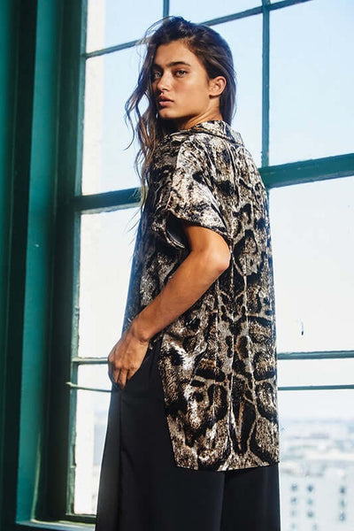 Bucket List Ladies Leopard Print Velvet Oversized Button Up High Low Top | Made in USA | Style# T1702-2 | Classy Cozy Cool American Made Clothing