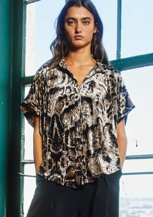 Bucket List Ladies Leopard Print Velvet Oversized Button Up High Low Top | Made in USA | Style# T1702-2 | Classy Cozy Cool American Made Clothing