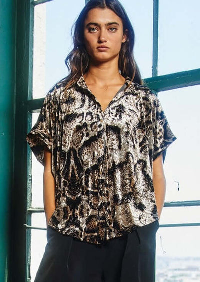 Bucket List Ladies Leopard Print Velvet Oversized Button Up High Low Top | Made in USA | Style# T1702-2 | Classy Cozy Cool American Made Clothing