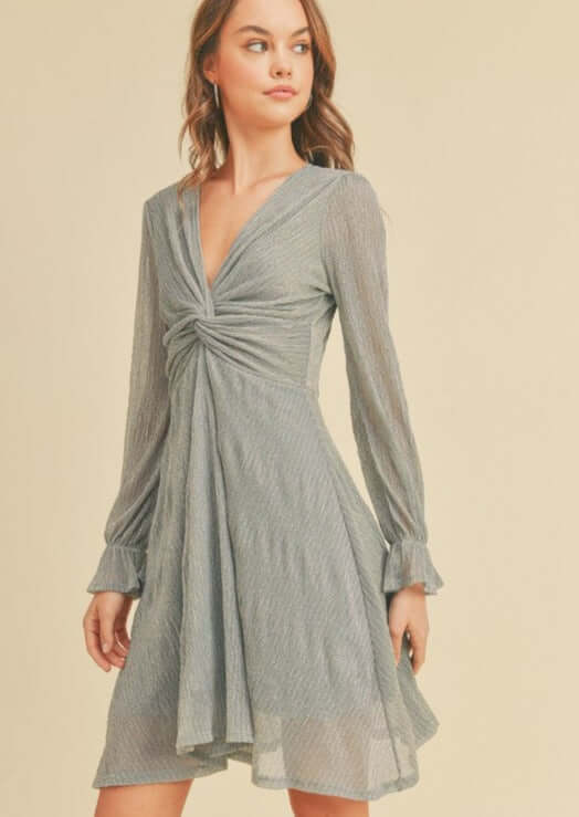 Brand: If She Loves | Moonlight Shiny Cocktail Dress | Silver with Blue Tones | Style ISD1245 | Made in USA | Classy Cozy Cool Women's Clothing Boutique