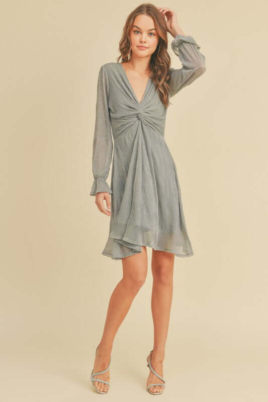 Brand: If She Loves | Moonlight Shiny Cocktail Dress | Silver with Blue Tones | Style ISD1245 | Made in USA | Classy Cozy Cool Women's Clothing Boutique