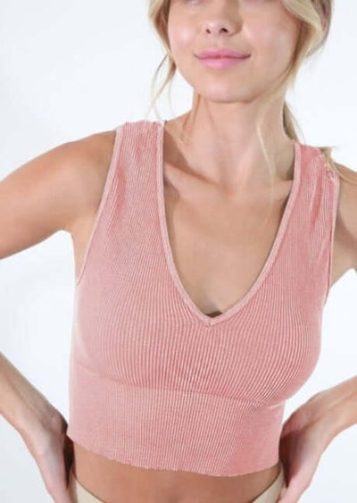 Niki Biki Ladies Plunge V-Neck Ribbed Cropped Tank Bra Top in Vintage Sweet Peach Color | Style#  NS8192 | Made in USA | Made in America Women's Clothing Boutique